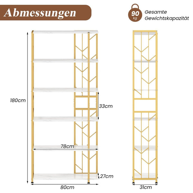 6-stöckiges geometrisches Metall-Bücherregal, 80x31x180 cm, Weiß