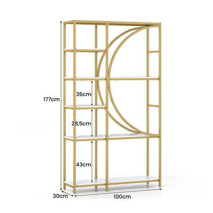 6-Tier Industrial Bookshelf with Open Shelves, Gold