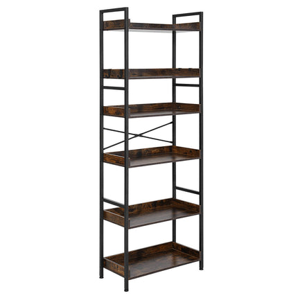 6-Tier Industrial Ladder Bookshelf, Metal Frame, Brown