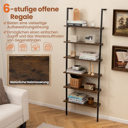 6 Tier Ladder Shelf Wall Mounted Bookcase with Metal Frame Rustic Brown