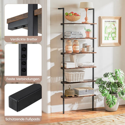 6 Tier Ladder Shelf Wall Mounted Bookcase with Metal Frame Rustic Brown