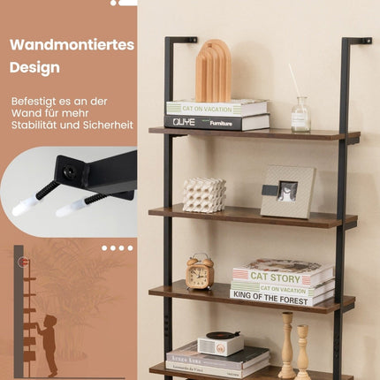 6 Tier Ladder Shelf Wall Mounted Bookcase with Metal Frame Rustic Brown
