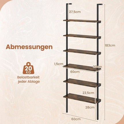 6 Tier Ladder Shelf Wall Mounted Bookcase with Metal Frame Rustic Brown