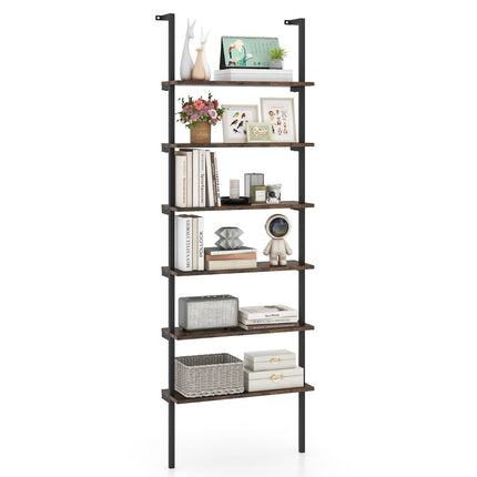6 Tier Ladder Shelf Wall Mounted Bookcase with Metal Frame Rustic Brown
