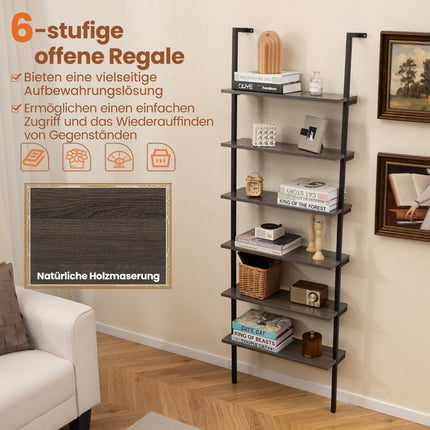 6 Tier Ladder Shelf Wall Mounted Bookcase with Metal Frame Rustic Gray