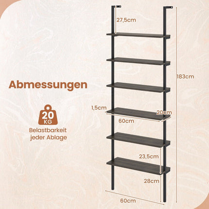 6 Tier Ladder Shelf Wall Mounted Bookcase with Metal Frame Rustic Gray