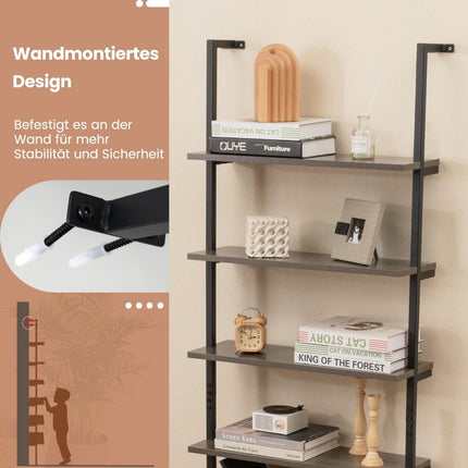 6 Tier Ladder Shelf Wall Mounted Bookcase with Metal Frame Rustic Gray