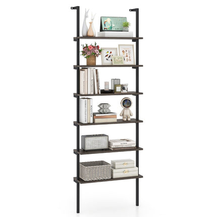 6 Tier Ladder Shelf Wall Mounted Bookcase with Metal Frame Rustic Gray
