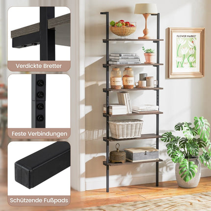 6 Tier Ladder Shelf Wall Mounted Bookcase with Metal Frame Rustic Gray