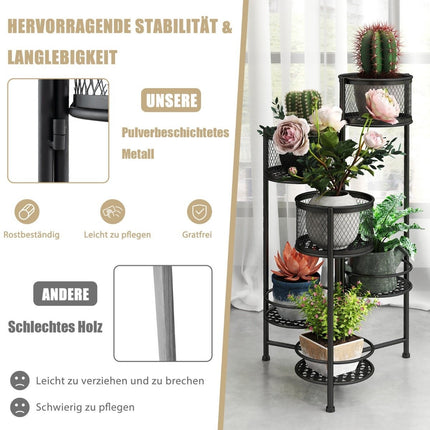 Pflanzenständer aus Metall mit 6 Ebenen und drehbarem Design, Blumentreppe, Blumentopfhalter, Schwarz