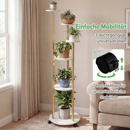 6-Tier Plant Stand with LED Lights and Wheels, White/Gold