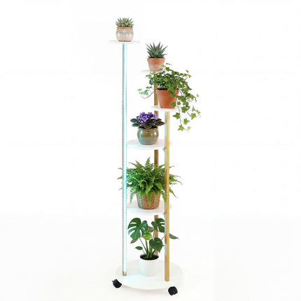 6-Tier Plant Stand with LED Lights and Wheels, White/Gold