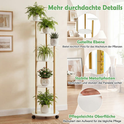 6-Tier Plant Stand with LED Lights and Wheels, White/Gold