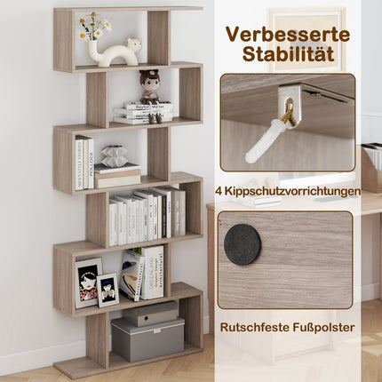6-stöckiges S-förmiges Bücherregal, Grau, 80x23x191 cm