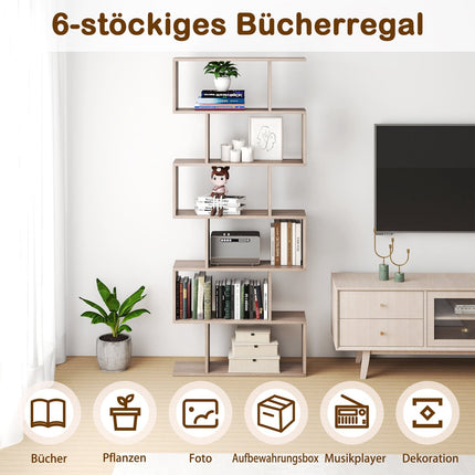 6-stöckiges S-förmiges Bücherregal, Grau, 80x23x191 cm