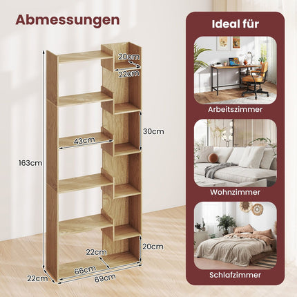 6-Tier Wooden Bookshelf with 11 Shelves, 69x22x163 cm