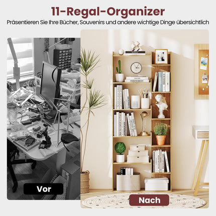 6-Tier Wooden Bookshelf with 11 Shelves, 69x22x163 cm