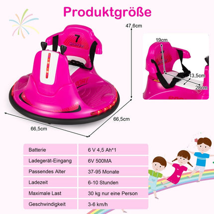 6V Kinder Autoscooter 360 Grad Drehung mit Musik &amp; bunten LED-Lichtern Rosa