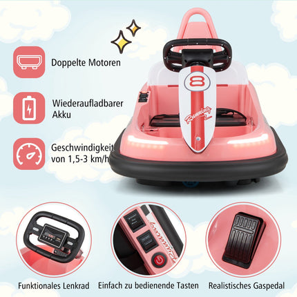 6V Kinder Elektro-Bumper Car – 360° drehbar, Musik, Lichter, Pink