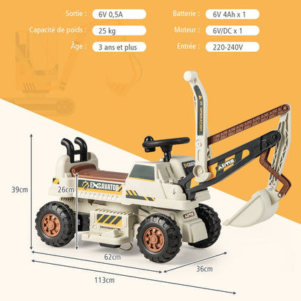 6V Kids Ride-On Excavator, Rotating Seat, Music