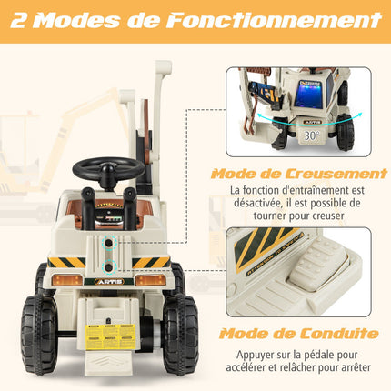 6V Kids Ride-On Excavator, Rotating Seat, Music