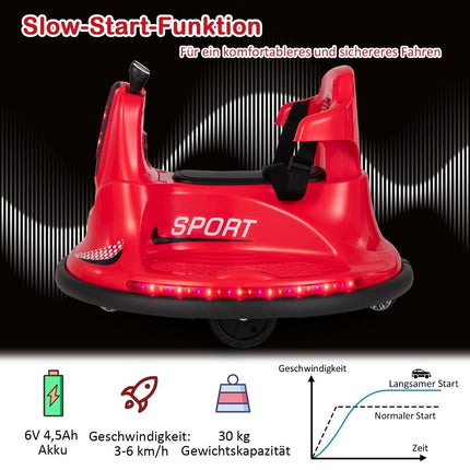 6V children's bumper car 360 degree rotation with music and colorful LED lights red