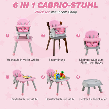 6-in-1 Babyhochstuhl, Kinderhochstuhl &amp; Essstuhl &amp; Lerntisch &amp; Bausteintisch, 58 x 58 x 98 cm, Rosa