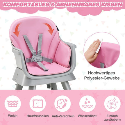 6-in-1 Babyhochstuhl, Kinderhochstuhl &amp; Essstuhl &amp; Lerntisch &amp; Bausteintisch, 58 x 58 x 98 cm, Rosa