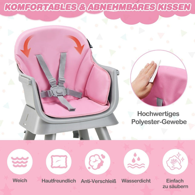 6-in-1 Babyhochstuhl, Kinderhochstuhl &amp; Essstuhl &amp; Lerntisch &amp; Bausteintisch, 58 x 58 x 98 cm, Rosa