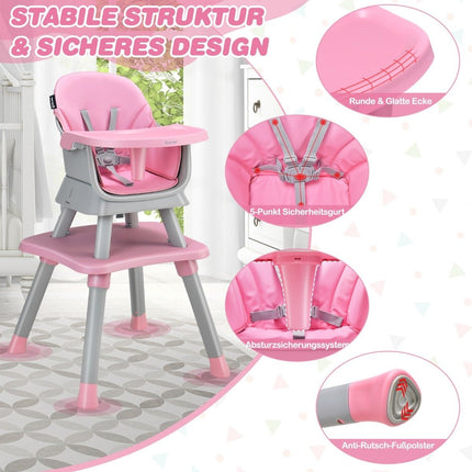 6-in-1 Babyhochstuhl, Kinderhochstuhl &amp; Essstuhl &amp; Lerntisch &amp; Bausteintisch, 58 x 58 x 98 cm, Rosa