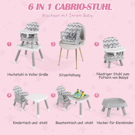 6-in-1 Babyhochstuhl Kinderhochstuhl &amp; Esszimmerstuhl &amp; Lerntisch Babystuhl Kombination Hochstuhl Grau und Weiß