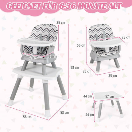 6-in-1 Babyhochstuhl Kinderhochstuhl &amp; Esszimmerstuhl &amp; Lerntisch Babystuhl Kombination Hochstuhl Grau und Weiß