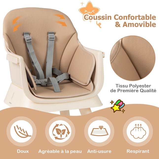 6-in-1-Wandelbarer Babyhochstuhl, Tablett, 5-Punkt-Gurt, Braun