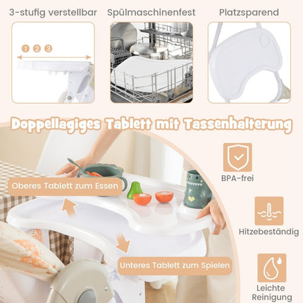 6-in-1 umbaubarer Babyhochstuhl mit Liegefunktionen &amp; Doppeltablett, Klapphochstuhl, Beige
