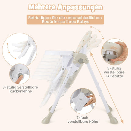 6-in-1 umbaubarer Babyhochstuhl mit Liegefunktionen &amp; Doppeltablett, Klapphochstuhl, Beige
