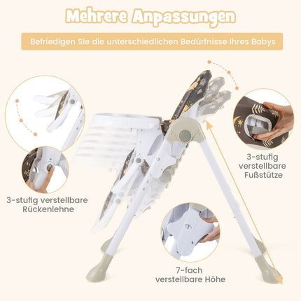 6-in-1 umbaubarer Babyhochstuhl mit Liegefunktionen &amp; Doppeltablett, Klapphochstuhl, Braun