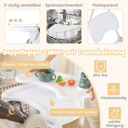 6-in-1 umbaubarer Babyhochstuhl mit Liegefunktionen &amp; Doppeltablett, Klapphochstuhl, Braun
