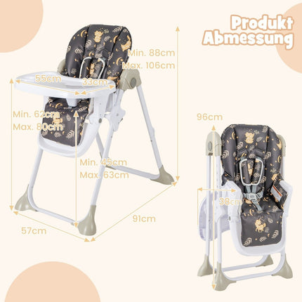 6-in-1 umbaubarer Babyhochstuhl mit Liegefunktionen &amp; Doppeltablett, Klapphochstuhl, Braun