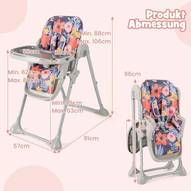 6 in 1 umbaubarer Babyhochstuhl mit Liegefunktion &amp; Doppeltablett Klapphochstuhl Blumen
