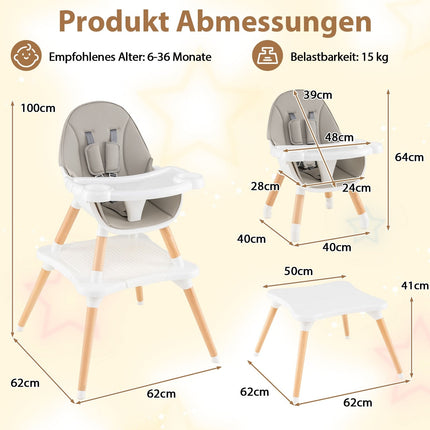 6-in-1 umwandelbarer Babyhochstuhl mit Tablett, Grau