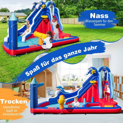 6 in 1 Aufblasbare Hüpfburg mit Kletterwand &amp; Planschbecken &amp; Wasserkanone &amp; Basketballkorb