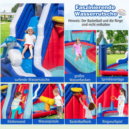 6 in 1 Aufblasbare Hüpfburg mit Kletterwand &amp; Planschbecken &amp; Wasserkanone &amp; Basketballkorb