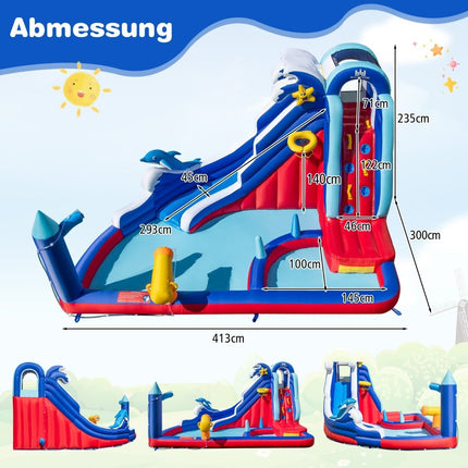 6 in 1 Aufblasbare Hüpfburg mit Kletterwand &amp; Planschbecken &amp; Wasserkanone &amp; Basketballkorb