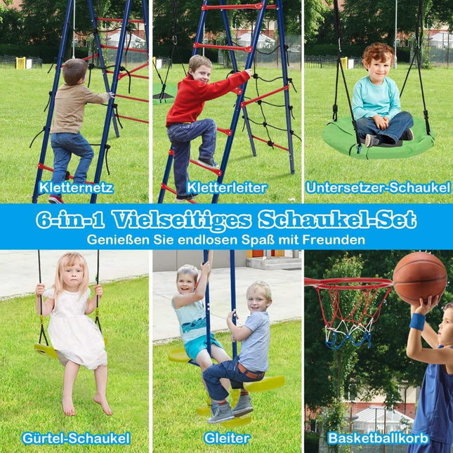6-in-1 Schaukel-Set mit 2 Schaukeln, Gleitsitzen, Kletternetz, Kletterleiter und Basketballkorb, 336 x 140 x 176 cm, Rot + Blau