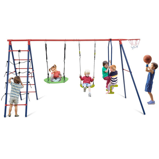 6-in-1 Schaukel-Set mit 2 Schaukeln, Gleitsitzen, Kletternetz, Kletterleiter und Basketballkorb, 336 x 140 x 176 cm, Rot + Blau