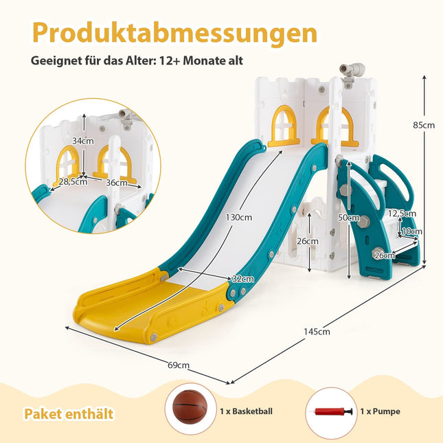 6-in-1 peuterglijbaan met basketbalring en telescoop
