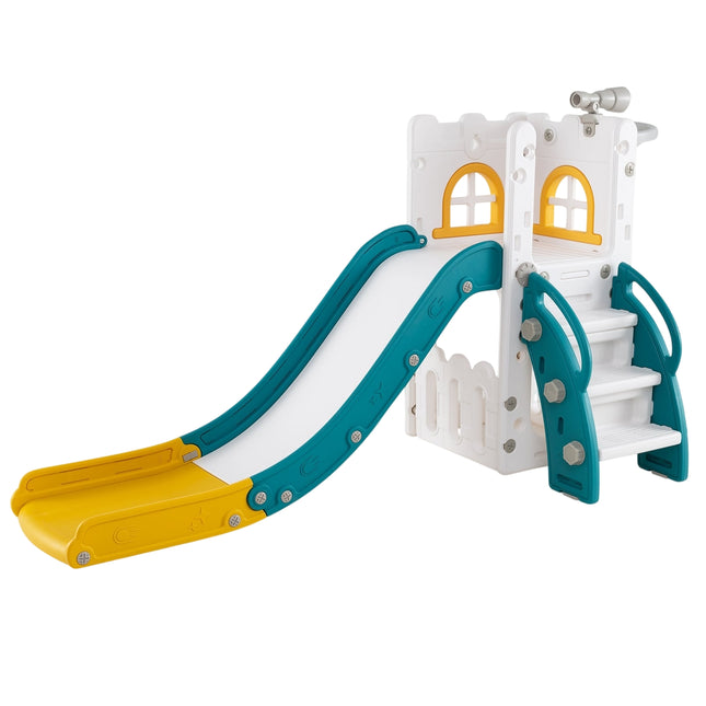 6-in-1 peuterglijbaan met basketbalring en telescoop