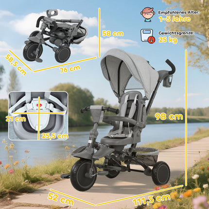 6-in-1 Kleinkinder-Dreirad, verstellbarer Sitz, faltbar, Grau
