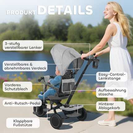 6-in-1 Kleinkinder-Dreirad, verstellbarer Sitz, faltbar, Grau
