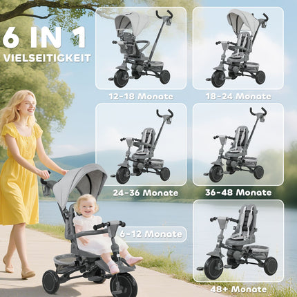 6-in-1 Kleinkinder-Dreirad, verstellbarer Sitz, faltbar, Grau